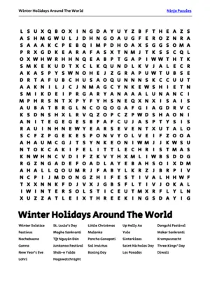 Free Printable Winter Holidays Around The World themed Word Search Puzzle puzzle thumbnail