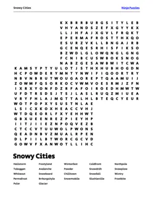 Free Printable Snowy Cities themed Word Search Puzzle puzzle thumbnail