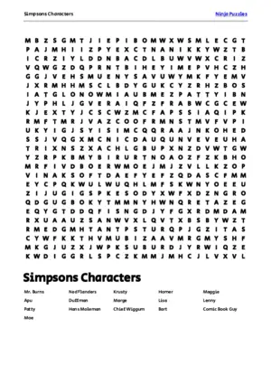 Free Printable Simpsons Characters themed Word Search Puzzle puzzle thumbnail