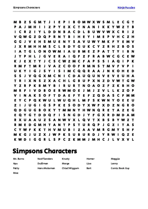 Free Printable Simpsons Characters themed Word Search Puzzle thumbnail