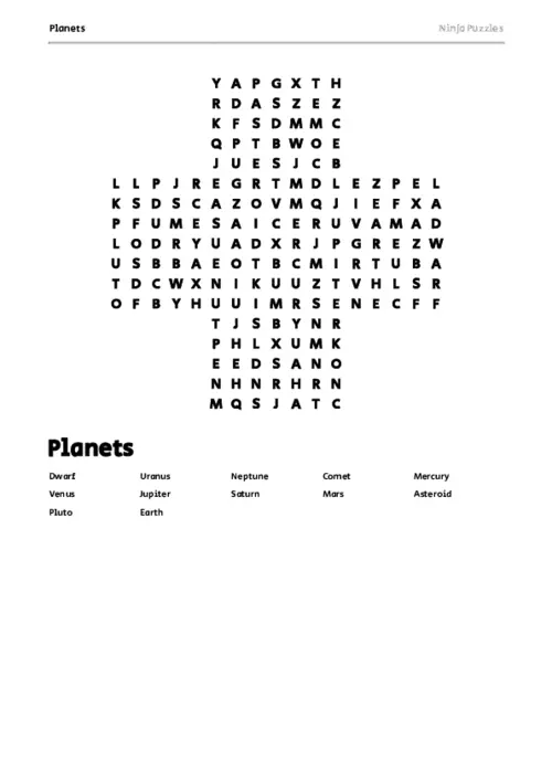 Free Printable Planets themed Word Search Puzzle thumbnail