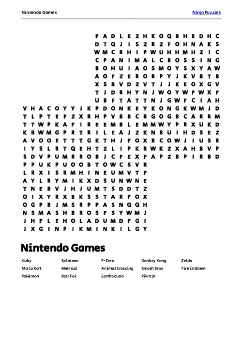 Free Printable Nintendo Games themed Word Search Puzzle thumbnail