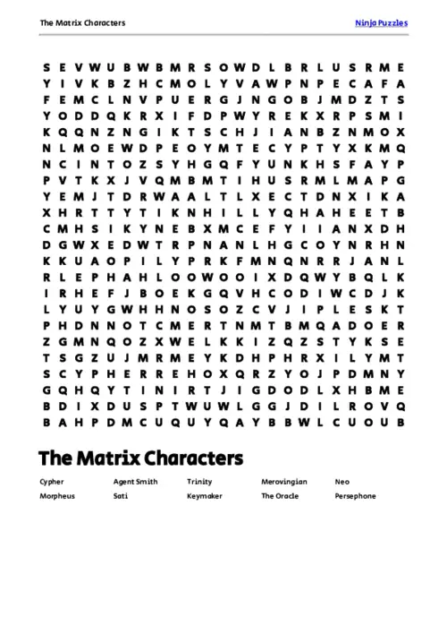 Free Printable The Matrix Characters themed Word Search Puzzle thumbnail