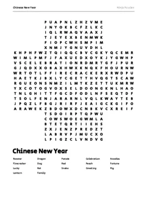 Free Printable Chinese New Year themed Word Search Puzzle puzzle thumbnail