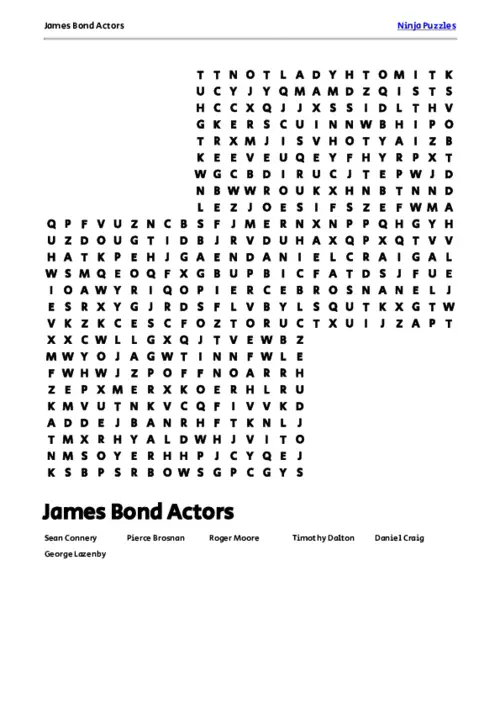 Free Printable James Bond Actors themed Word Search Puzzle