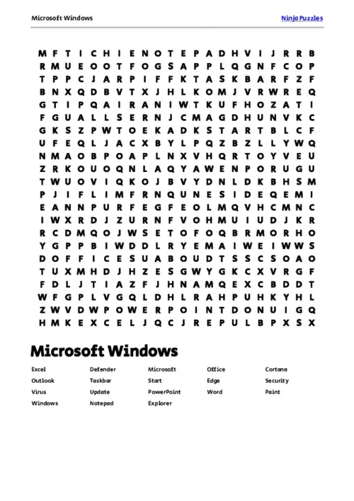 Free Printable Microsoft Windows themed Word Search Puzzle thumbnail