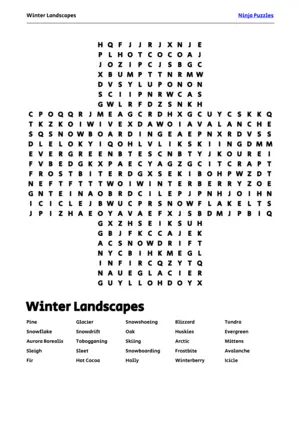 Free Printable Winter Landscapes themed Word Search Puzzle puzzle thumbnail