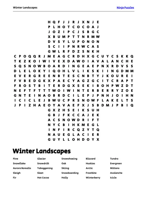 Free Printable Winter Landscapes themed Word Search Puzzle thumbnail