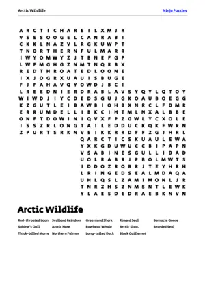 Free Printable Arctic Wildlife themed Word Search Puzzle puzzle thumbnail