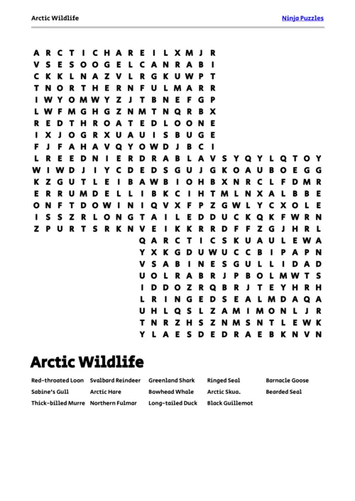 Free Printable Arctic Wildlife themed Word Search Puzzle thumbnail