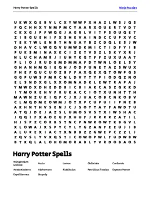 Free Printable Harry Potter Spells themed Word Search Puzzle puzzle thumbnail