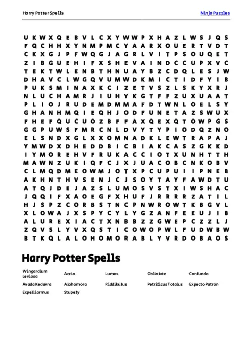 Free Printable Harry Potter Spells themed Word Search Puzzle thumbnail