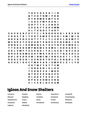 Free Printable Igloos And Snow Shelters themed Word Search Puzzle puzzle thumbnail