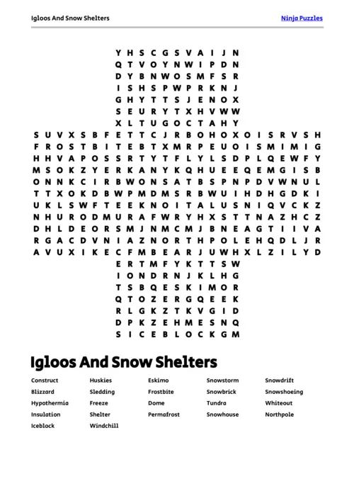 Free Printable Igloos And Snow Shelters themed Word Search Puzzle thumbnail