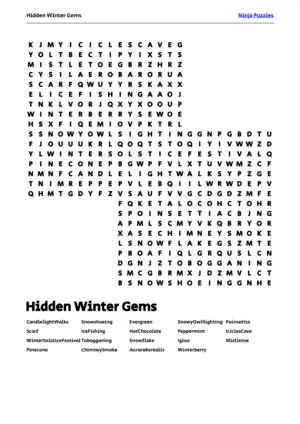 Free Printable Hidden Winter Gems themed Word Search Puzzle puzzle thumbnail