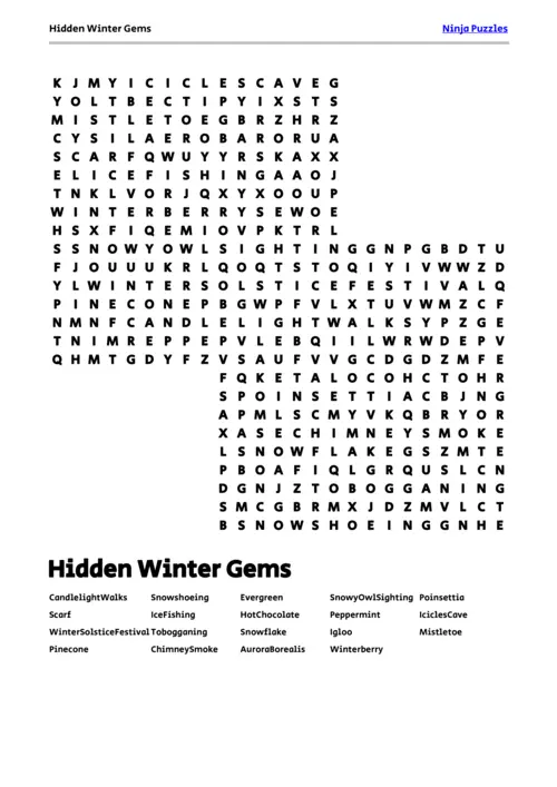 Free Printable Hidden Winter Gems themed Word Search Puzzle thumbnail