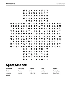 Free Printable Space Science themed Word Search Puzzle puzzle thumbnail