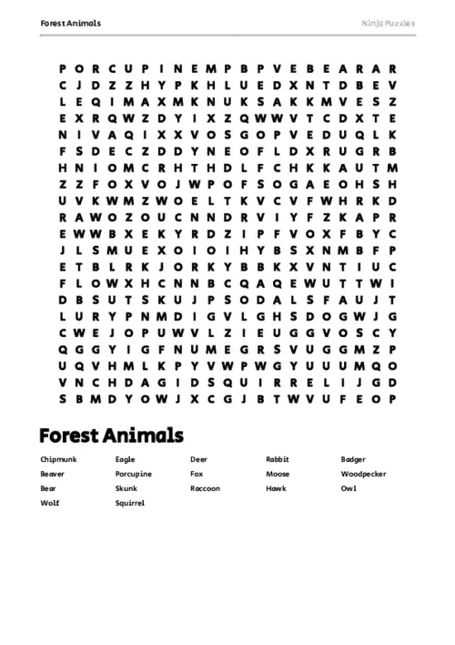 Free Printable Forest Animals themed Word Search Puzzle thumbnail