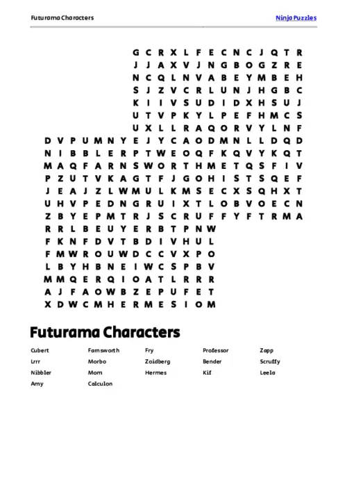 Free Printable Futurama Characters themed Word Search Puzzle thumbnail