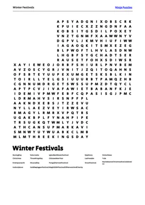 Free Printable Winter Festivals themed Word Search Puzzle puzzle thumbnail