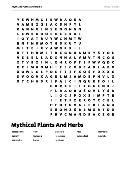 Free Printable Mythical Plants And Herbs themed Word Search Puzzle thumbnail