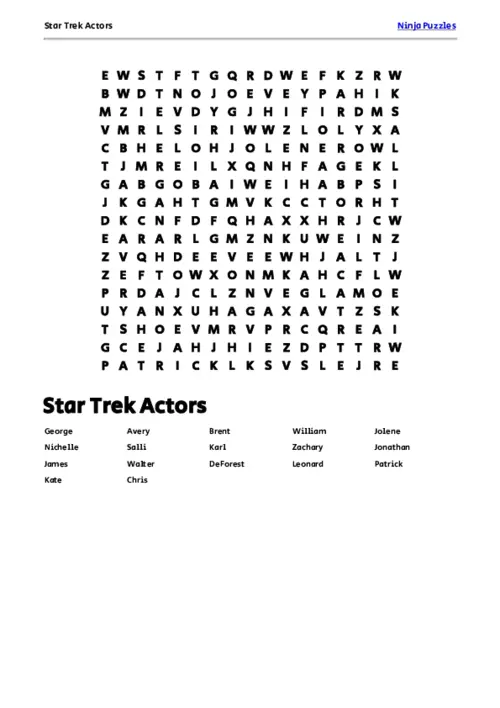 Free Printable Star Trek Actors themed Word Search Puzzle thumbnail