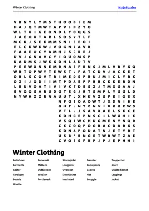 Free Printable Winter Clothing themed Word Search Puzzle puzzle thumbnail