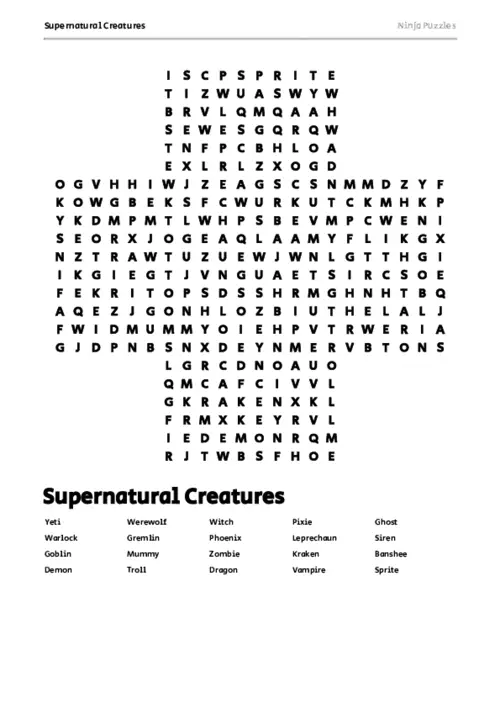 Free Printable Supernatural Creatures themed Word Search Puzzle thumbnail