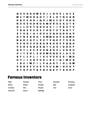 Free Printable Famous Inventors themed Word Search Puzzle puzzle thumbnail
