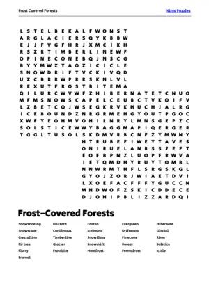 Free Printable Frost Covered Forests themed Word Search Puzzle puzzle thumbnail