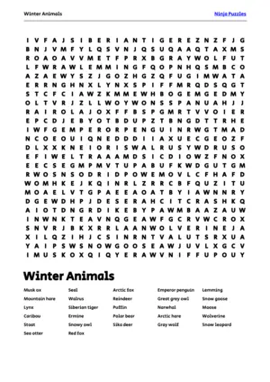 Free Printable Winter Animals themed Word Search Puzzle puzzle thumbnail