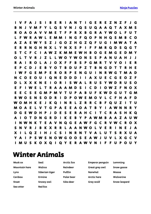 Free Printable Winter Animals themed Word Search Puzzle thumbnail