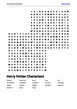 Free Printable Harry Potter Characters themed Word Search Puzzle puzzle thumbnail