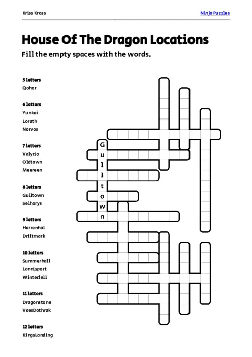 Free House Of The Dragon Locations Kriss-Kross Puzzle thumbnail