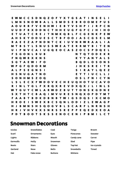 Free Printable Snowman Decorations themed Word Search Puzzle thumbnail