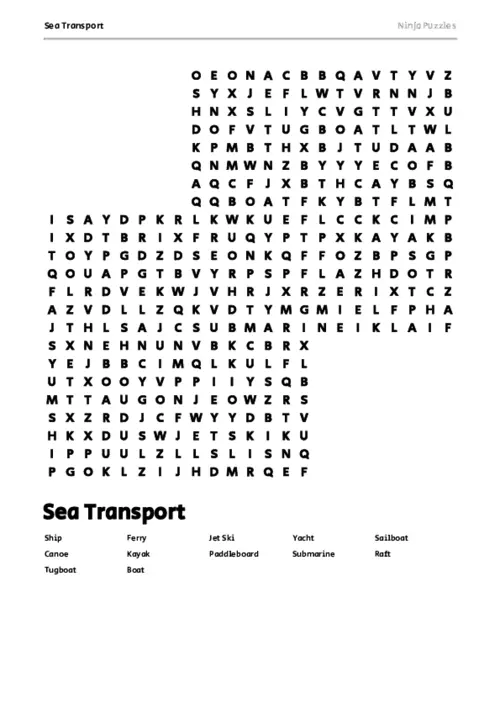 Free Printable Sea Transport themed Word Search Puzzle thumbnail