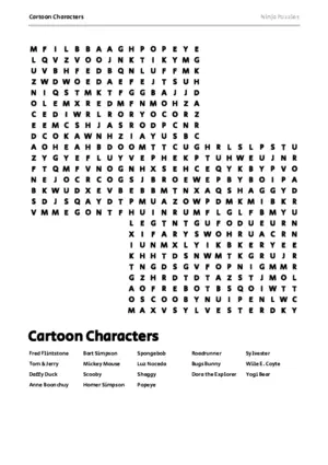 Free Printable Cartoon Characters themed Word Search Puzzle puzzle thumbnail