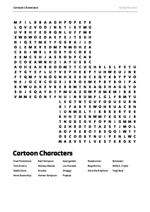 Free Printable Cartoon Characters themed Word Search Puzzle thumbnail