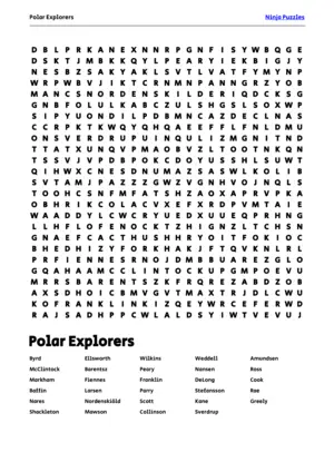 Free Printable Polar Explorers themed Word Search Puzzle puzzle thumbnail