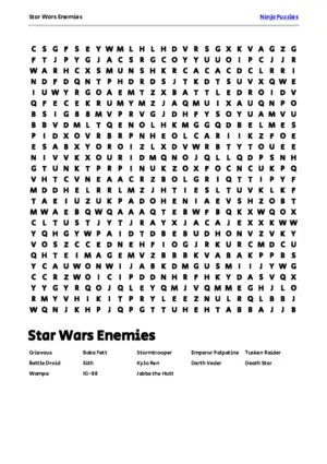 Free Printable Star Wars Enemies themed Word Search Puzzle puzzle thumbnail