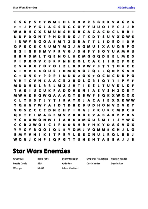 Free Printable Star Wars Enemies themed Word Search Puzzle thumbnail