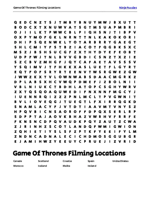 Free Printable Game Of Thrones Filming Locations themed Word Search Puzzle thumbnail