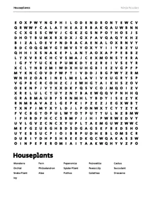 Free Printable Houseplants themed Word Search Puzzle puzzle thumbnail