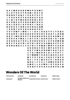 Free Printable Wonders Of The World themed Word Search Puzzle puzzle thumbnail