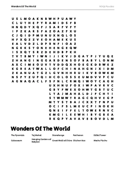 Free Printable Wonders Of The World themed Word Search Puzzle thumbnail