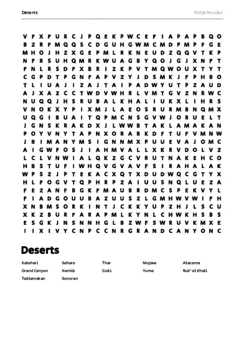 Free Printable Deserts themed Word Search Puzzle thumbnail