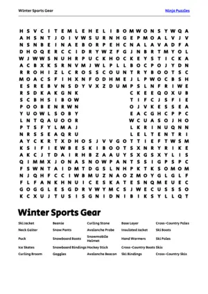 Free Printable Winter Sports Gear themed Word Search Puzzle puzzle thumbnail