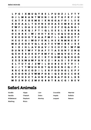 Free Printable Safari Animals themed Word Search Puzzle puzzle thumbnail