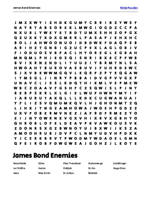 Free Printable James Bond Enemies themed Word Search Puzzle thumbnail