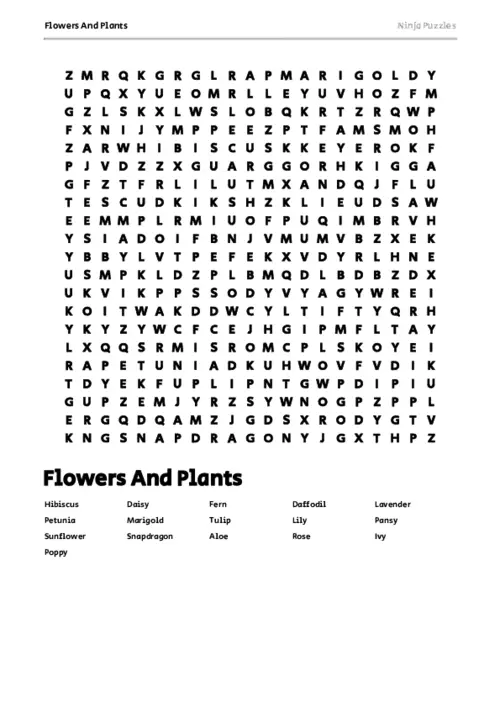 Free Printable Flowers And Plants themed Word Search Puzzle thumbnail